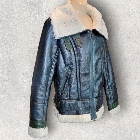 Missguided Womens Jacket Size 10 Green Faux Shearling Leather Aviator Pilot - Picture 6 of 15